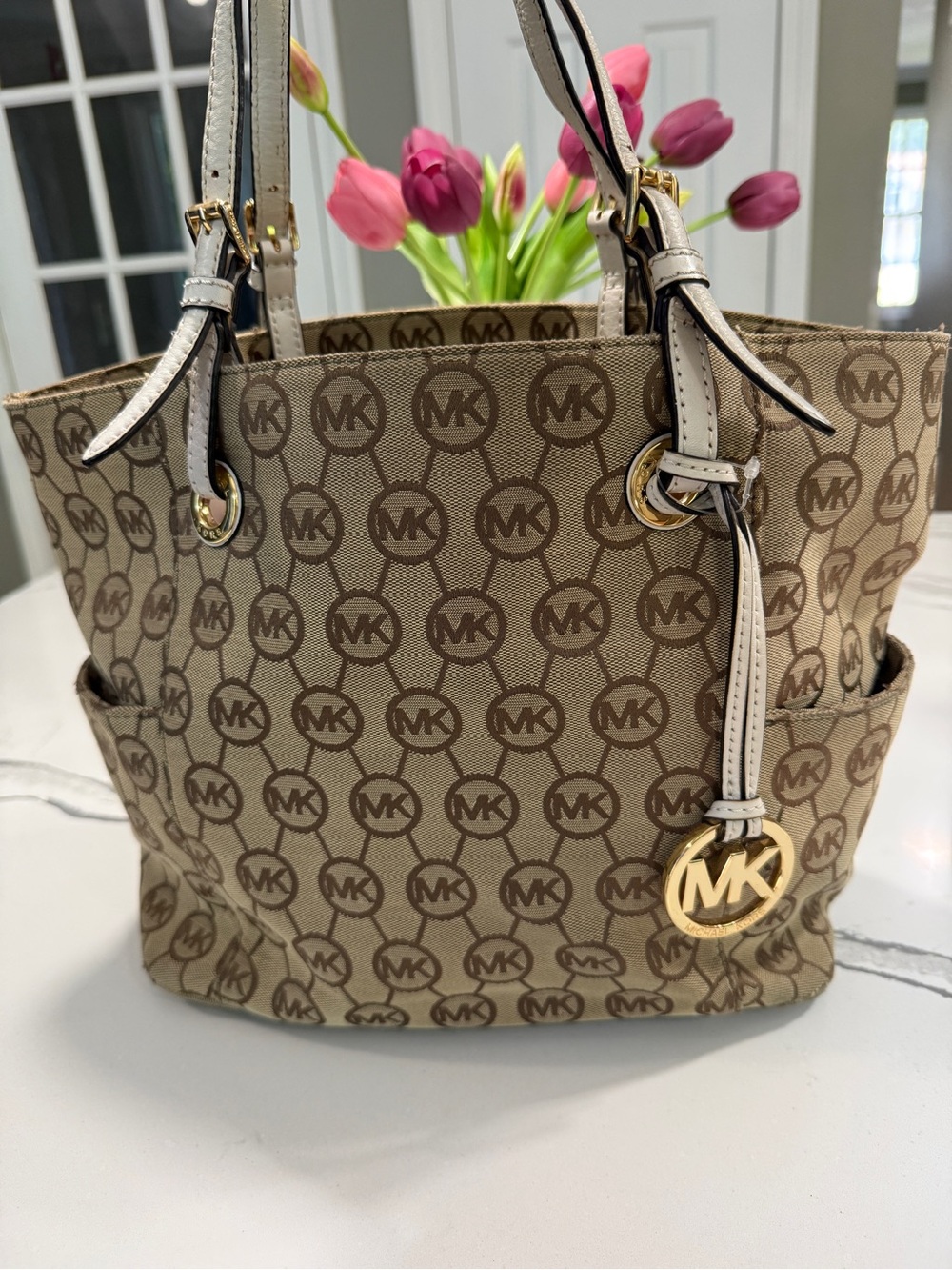 Michael Kors Brown Logo Tote with Gold MK Charm and Cream Trim